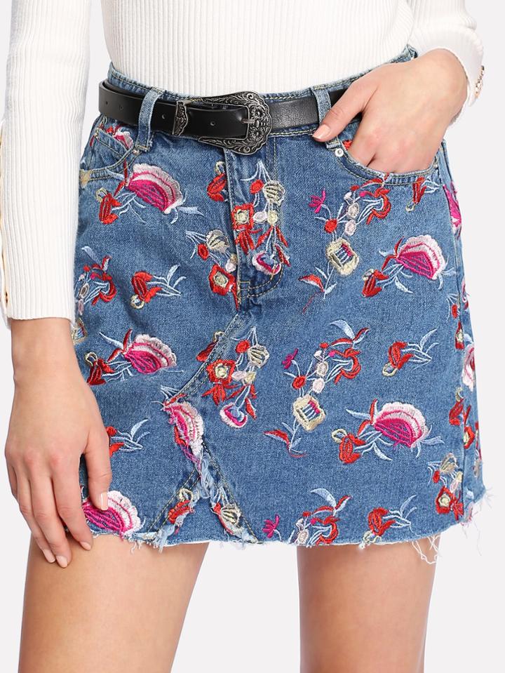 Shein Raw Cut Embroidered Denim Skirt