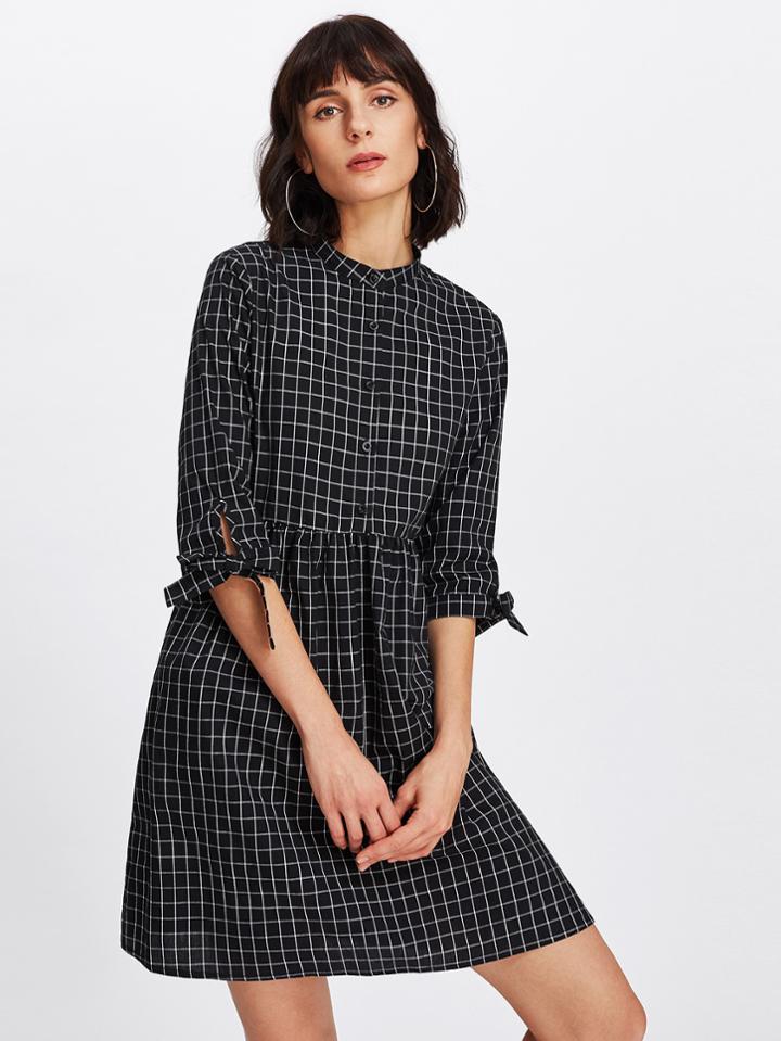 Shein Tie Cuff Grid Smock Shirt Dress
