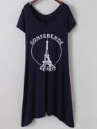 Shein Navy Irregular Hem Letters Iron Tower Print Dress
