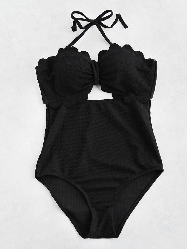Shein Scalloped Trim Cutout Front Halter Swimsuit