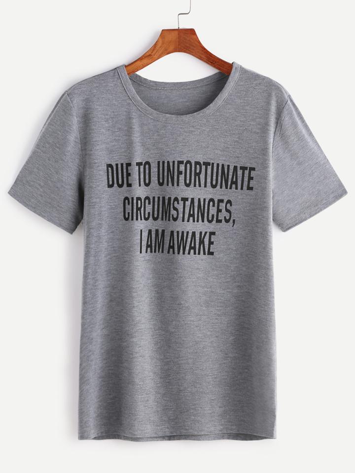 Shein Heather Grey Slogan Print T-shirt
