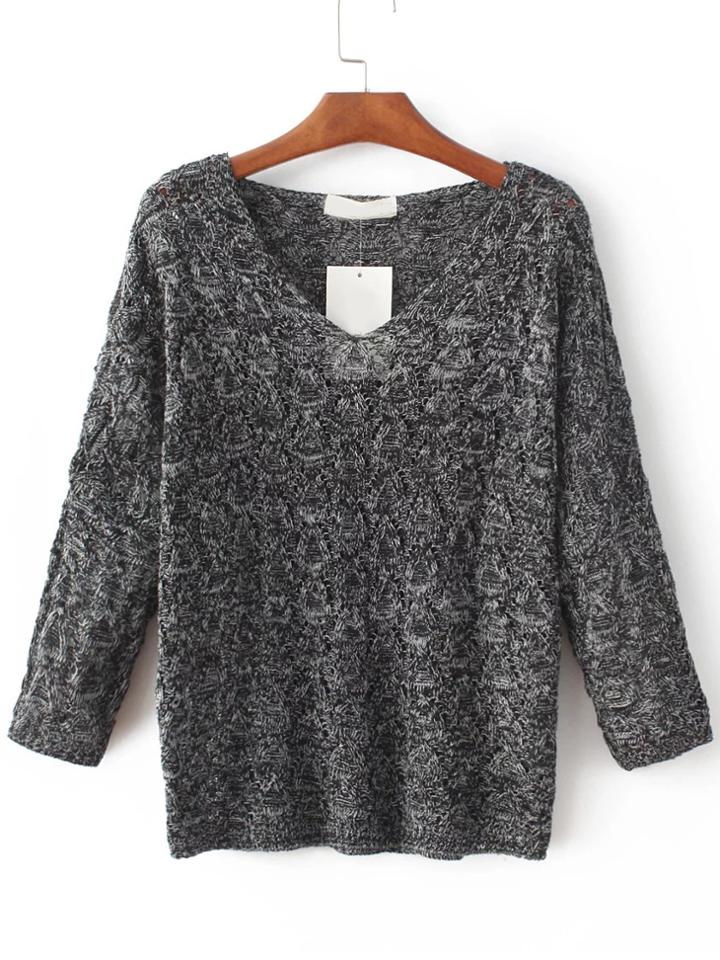 Shein Dark Grey Hollow Out V Neck Knitwear