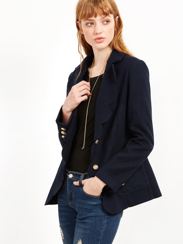Shein Navy Scallop Trim Single Breasted Blazer