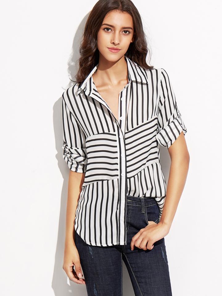 Shein Black White Striped Curved Hem Shirt