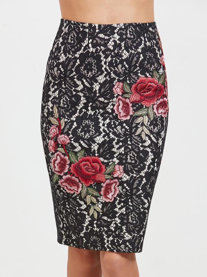 Shein Black Embroidered Flower Applique Lace Pencil Skirt