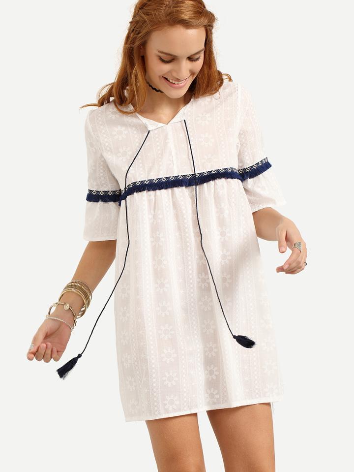 Shein Tassel Tie-neck Woven Tape Embellished Dress - White