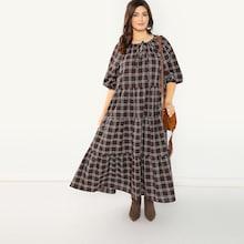 Shein Plus Tie Neck Bishop Sleeve Plaid Dress