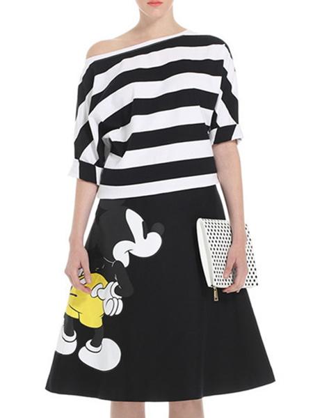 Shein Black White Striped Top With Mickey Print Skirt