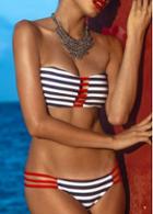 Rosewe Stripe Print Hollow Out Bikini Set