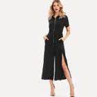 Shein Drawstring Waist Split Zip Up Jumpsuit