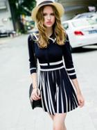 Shein Blue Navy Hipster Collar Striped Pleated Dress