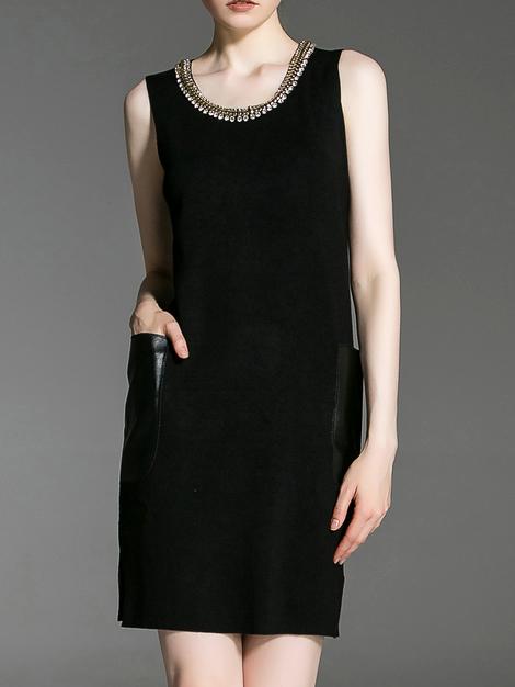 Shein Black Beading Contrast Pu Pockets Dress