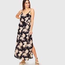 Shein Floral Print Spaghetti Strap Belted Dress