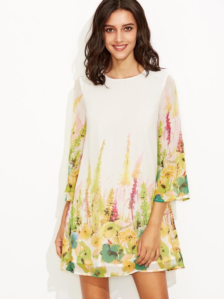 Shein White Flower Print Bell Sleeve Tent Dress