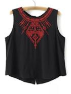 Shein Black Sleeveless Embroidery Buttons Back Tank Top