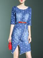 Shein Blue Belted Asymmetric Star Print Denim Dress
