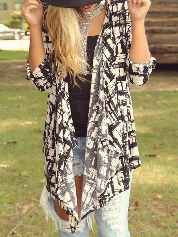 Shein Black White Long Sleeve Plaid Coat