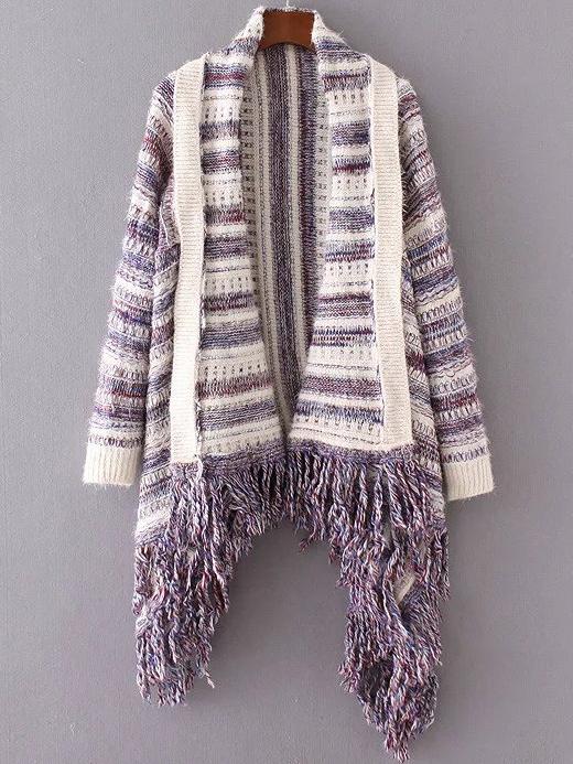 Shein Beige Striped Shawl Collar Fringe Hem Poncho Sweater