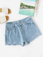 Shein Embroidered Scalloped Hem Denim Shorts