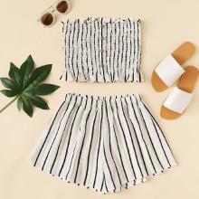 Shein Frill Trim Striped Tube Top With Shorts