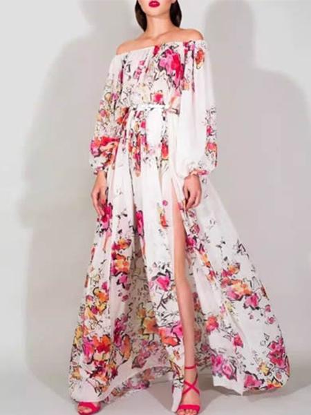 Shein White Off The Shoulder Floral Split Dress