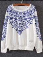 Shein Blue White Round Neck Floral Loose Sweatshirt