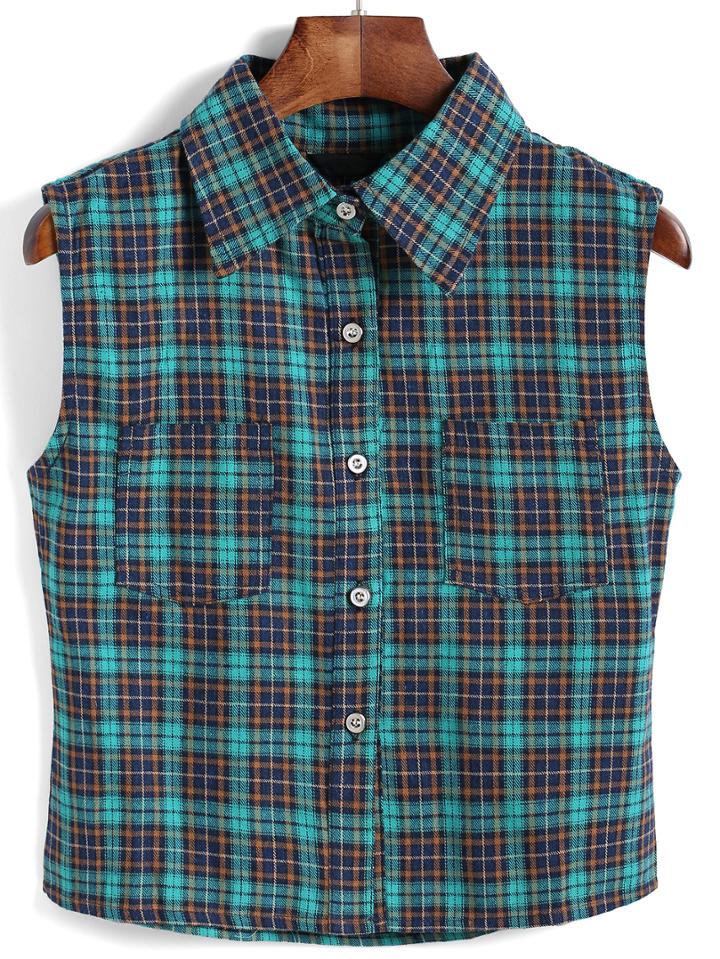 Shein Green Blue Lapel Sleeveless Plaid Pockets Blouse