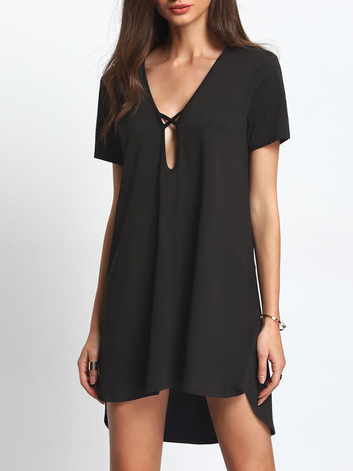 Shein Keyhole Deep V Neck Dip Hem Dress