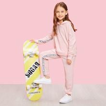 Shein Girls Lettering Tape Hoodie & Pants Set