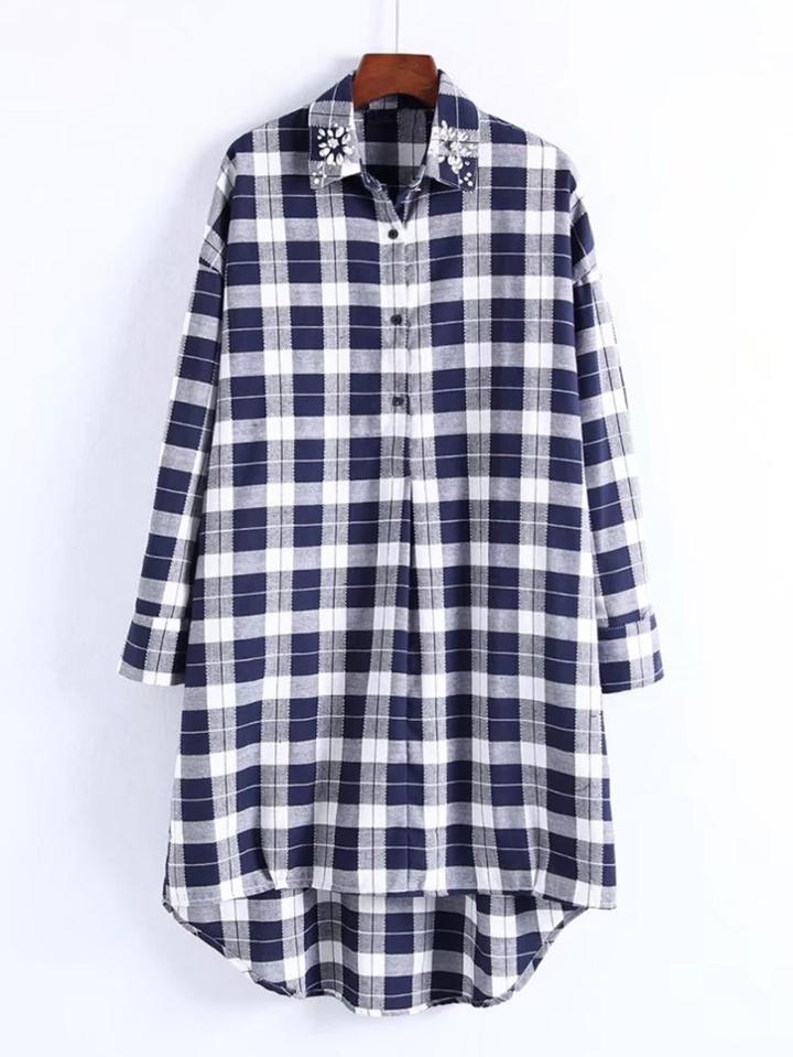 Shein Rhinestone Detail Gingham High Low Shirt Dress
