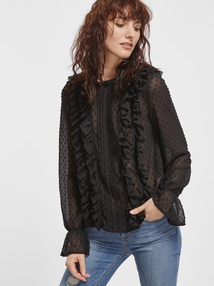 Shein Black Frill Trim Bell Cuff Jacquard Dot Sheer Top