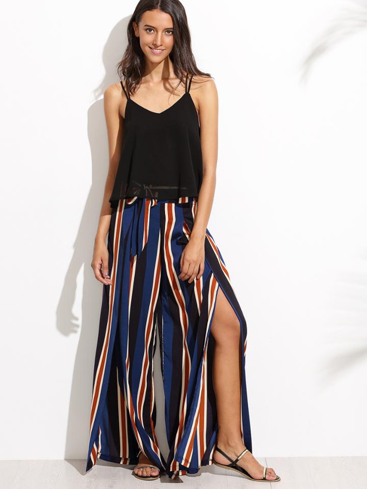 Shein Stripe Split Side Pants With Belt