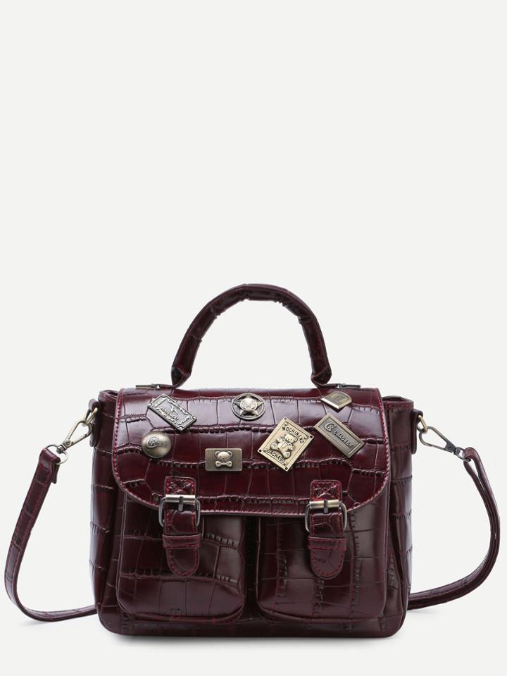 Shein Burgundy Embossed Metal Charm Studded Satchel Bag