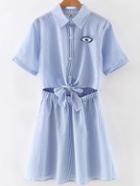 Shein Blue Lapel Stripe Bow Button Casual Dress