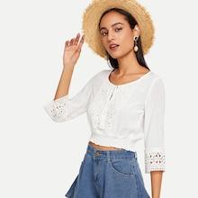 Shein Lace Applique Shirred Hem Blouse