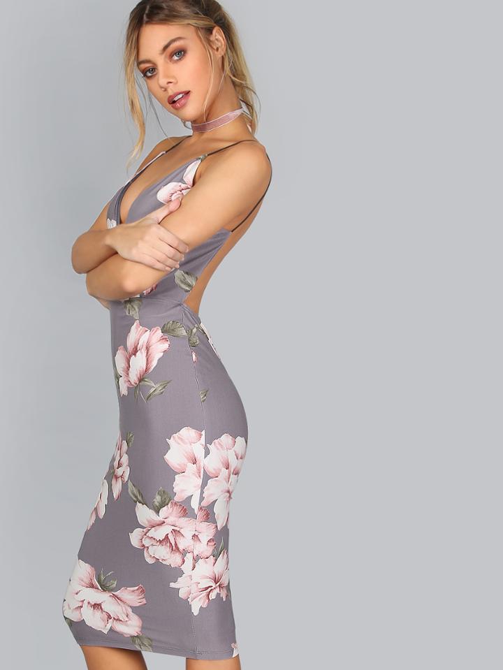 Shein Plunge Neckline Floral Backless Knee Length Dress