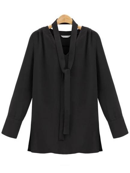 Shein V Neck Split Side Chiffon Black Shirt With Tie