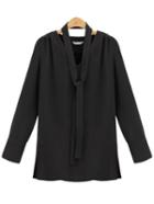 Shein V Neck Split Side Chiffon Black Shirt With Tie