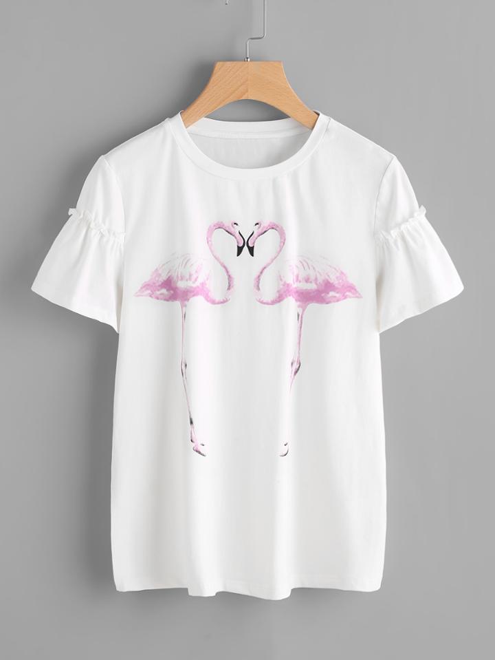 Shein Flamingo Print Frilled Sleeve Tee