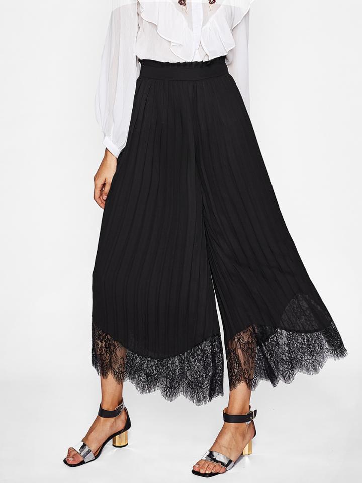 Shein Lace Hem Pleated Wide Leg Pants