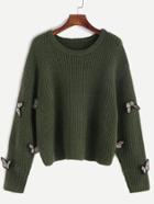 Shein Olive Green Embroidered Butterfly Applique Ribbed Sweater
