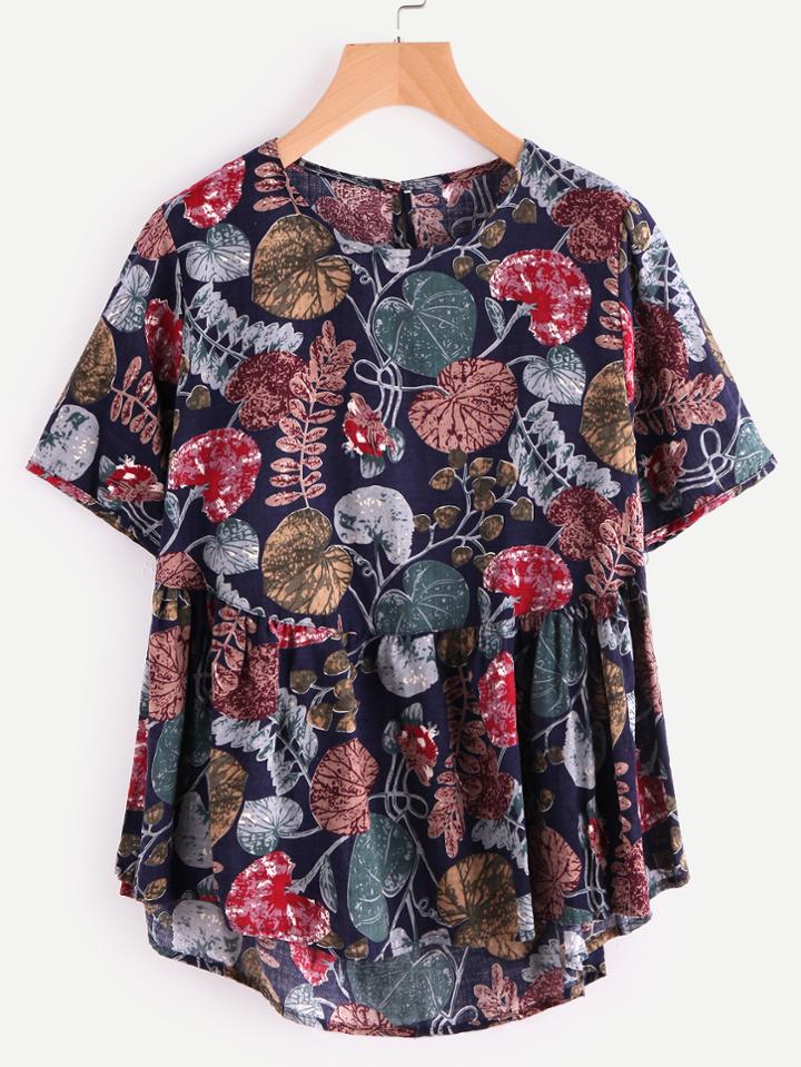 Shein Jungle Print Keyhole Back Dip Hem Smock Blouse