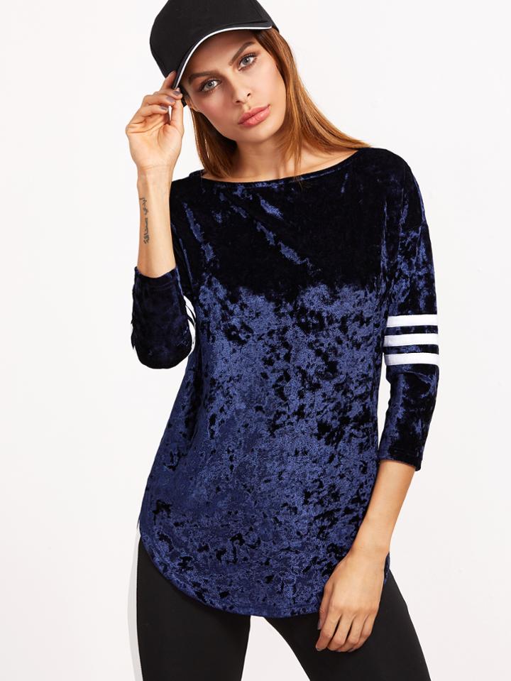 Shein Striped Trim Sleeve Curved Hem Velvet Top
