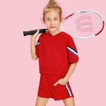 Shein Girls Striped Side Hooded Top & Elastic Waist Shorts Set