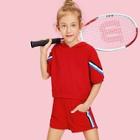 Shein Girls Striped Side Hooded Top & Elastic Waist Shorts Set