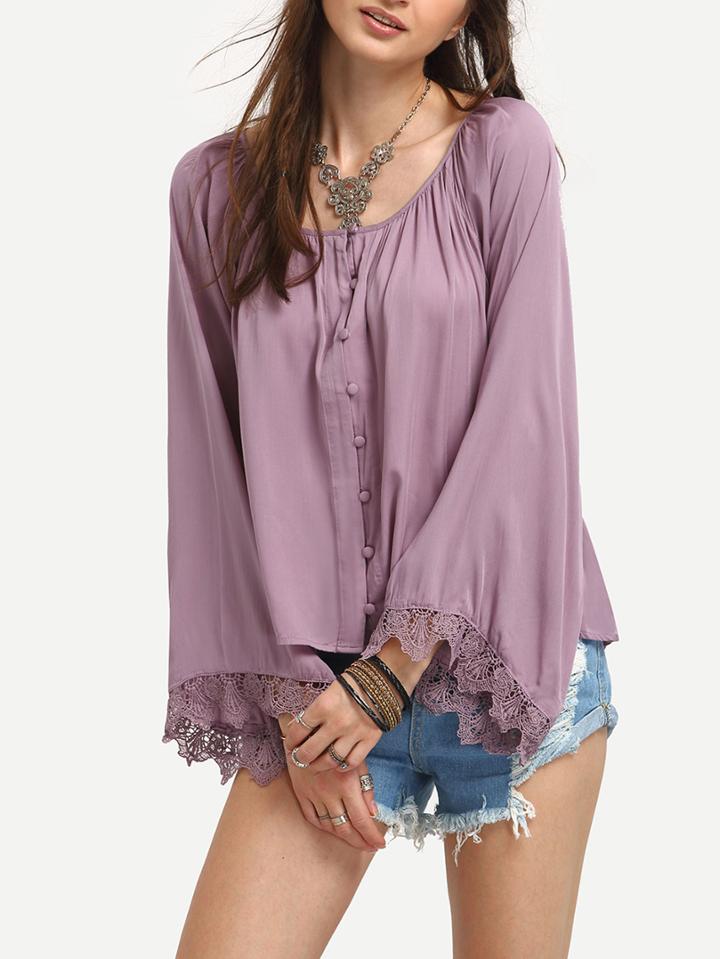 Shein Purple Bell Sleeve Lace Insert Poncho Blouse