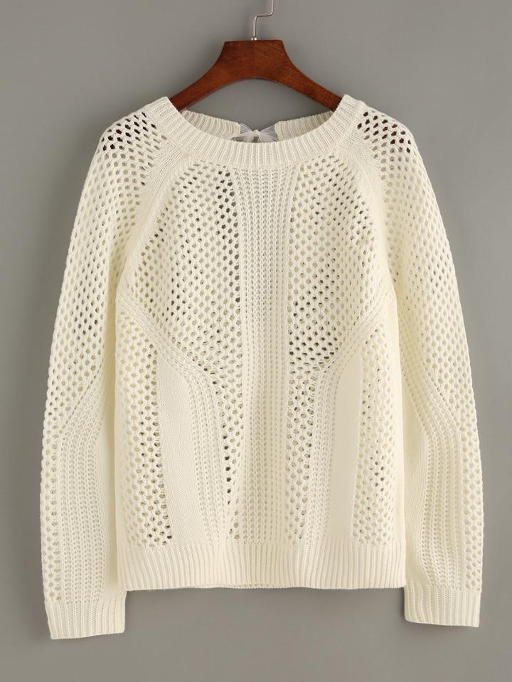 Shein White Hollow Tie Back Long Sleeve Sweater