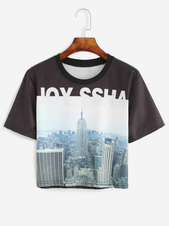 Shein Black City View Print T-shirt