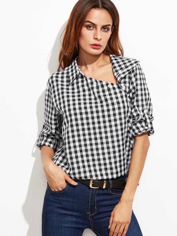 Shein Gingham Asymmetric Buttoned Collar Dolphin Hem Blouse