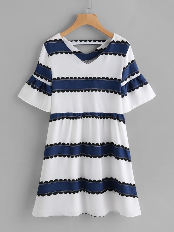 Shein Double V Neckline Fluted Sleeve Contrast Striped Dress